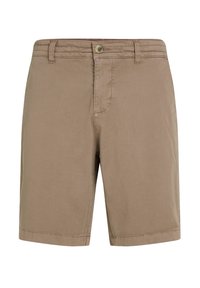 Bruna bomullsshorts med en avslappnad passform, med knäppe, framfickor och raka nederkanter. Slät textur och enkel design.