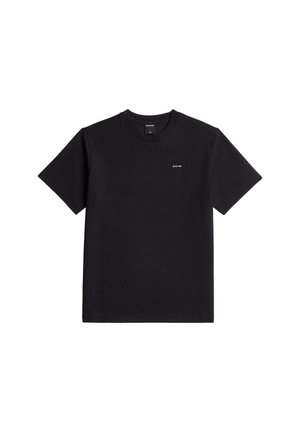 T-shirt noir à manches courtes G-Star à col rond avec petit logo blanc sur la poitrine gauche, présenté à plat sur un fond blanc.