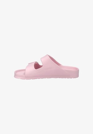 Roze schuiflops gemaakt van zacht, duurzaam materiaal met een gestructureerde zool, met een uitgesneden ontwerp en een verstelbare band voor een veilige pasvorm.
