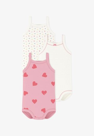 Tre body senza maniche per neonati: uno rosa con cuori rossi, uno bianco semplice con bordatura rosa e uno bianco con un motivo di piccoli cuori multicolori.