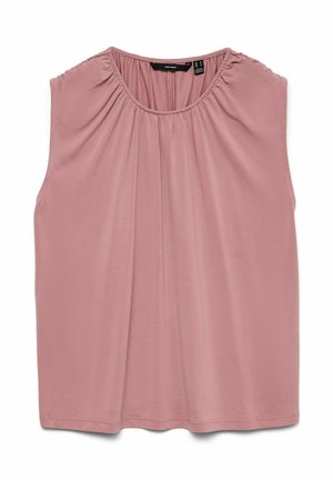 Ærmeløs støvet lyserød bluse med rynket halsudskæring og blødt stof, designet til afslappet eller professionelt brug.