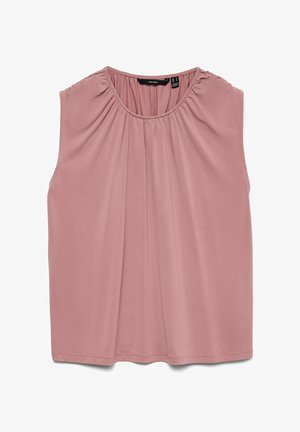Ærmeløs støvet lyserød bluse med rynket halsudskæring og blødt stof, designet til afslappet eller professionelt brug.