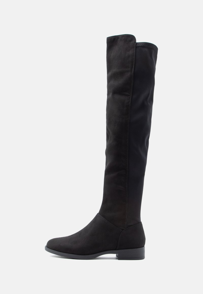 Knee-high black suede boots with a smooth texture, rounded toe, and a low block heel; minimalist design with no visible hardware.
