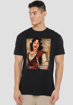 Black cotton t-shirt featuring a graphic print of a character from "The Princess Bride" with text above and below the image.
