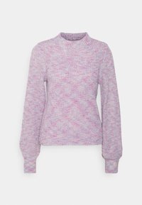 Pull-over tricoté aux tons rose pastel et violet, avec un col rond, des manches longues et un motif texturé sur toute la surface.
