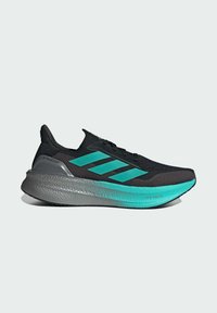 Black athletic shoe with turquoise stripes, lightweight mesh upper, thick gray midsole, and textured outsole for traction.