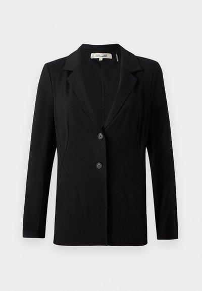 Black blazer featuring a notched collar, two front buttons, and tailored seams. Made of smooth fabric with long sleeves and a structured fit.