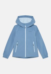Veste softshell bleu clair avec capuche, dotée d'une fermeture éclair à l'avant et de deux poches zippées. Tissu doux avec des détails en accent léger.