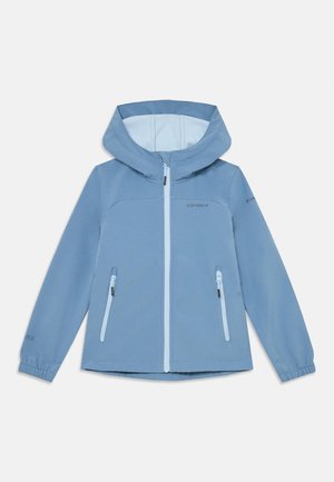 Veste softshell bleu clair avec capuche, dotée d'une fermeture éclair à l'avant et de deux poches zippées. Tissu doux avec des détails en accent léger.