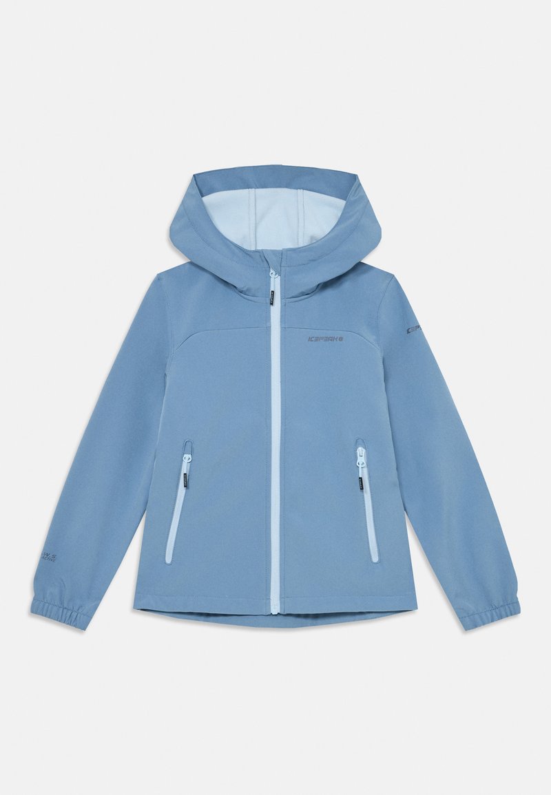 Veste softshell bleu clair avec capuche, dotée d'une fermeture éclair à l'avant et de deux poches zippées. Tissu doux avec des détails en accent léger.