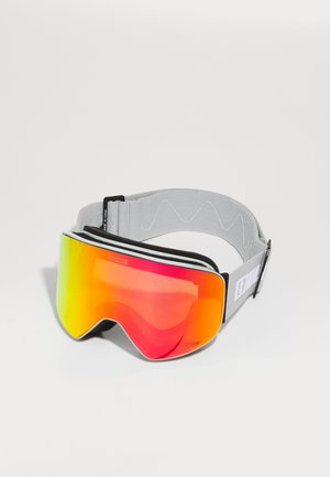 Gogle narciarskie z lustrzanym pomarańczowym i żółtym szkłem, szarym regulowanym paskiem i czarną piankową podszewką dla większego komfortu. Minimalistyczny design.