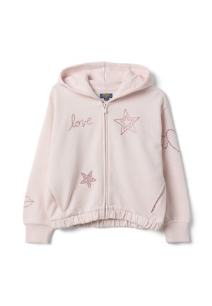 Lichtroze hoodie met rits, capuchon, elastische zoom en decoratieve sterren, woord "love," en andere kleine ontwerpen aan de voorkant en mouwen.