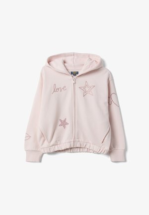 Sweat à capuche zippé rose clair avec capuche, ourlet élastique et étoiles décoratives, mot "love," et autres petits motifs sur le devant et les manches.