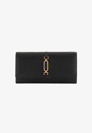 Black leather wallet with a textured finish, featuring a gold-tone clasp and decorative link detail on the front. Rectangular shape, compact design.