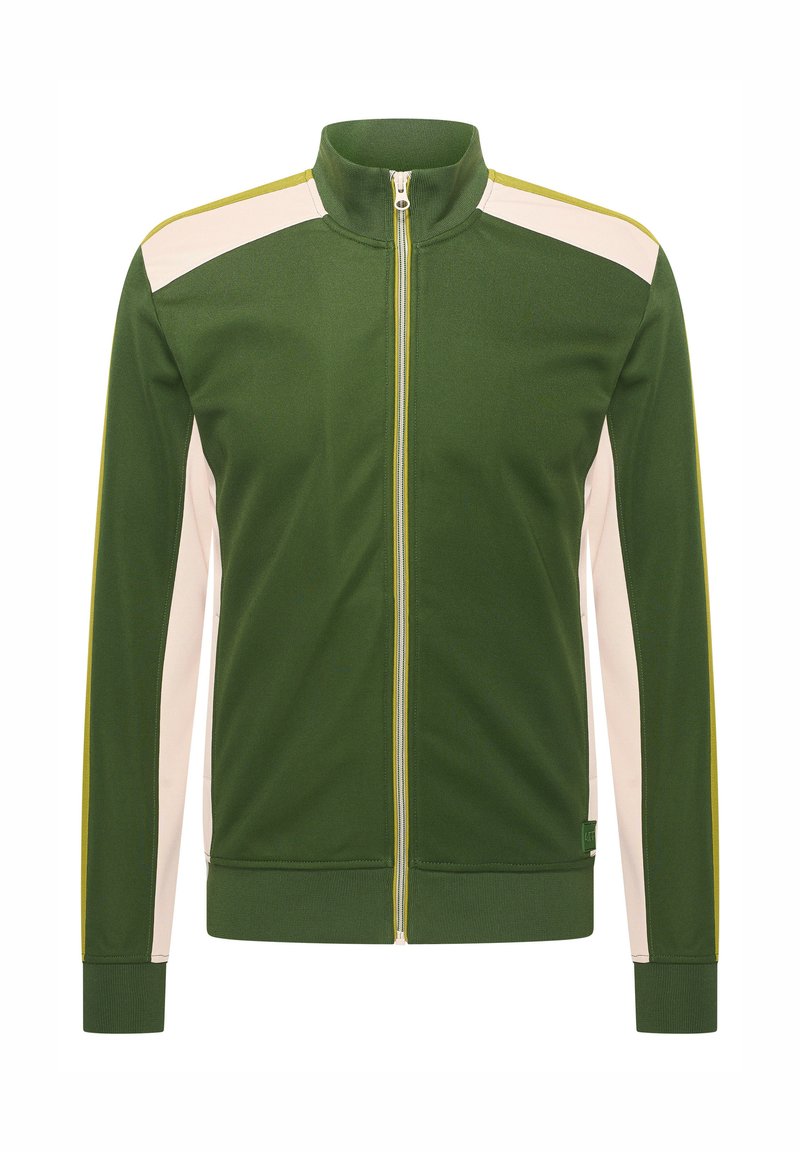 Chaqueta verde con cremallera y cuello alto, que presenta paneles laterales crema y acentos amarillos. Hecha de tejido texturizado, cuenta con puños de canalé.