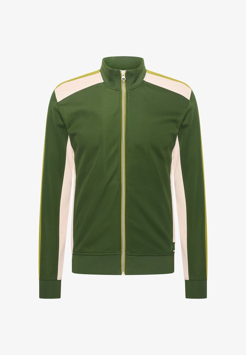 Green zip-up jacket with a high collar, featuring cream side panels and yellow accents. Made of textured fabric, it has ribbed cuffs.