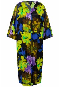 Květinový kimono styl župan v černé látce, se silnými vzory růžových, fialových a modrých květin. Volný střih s rukávy střední délky.