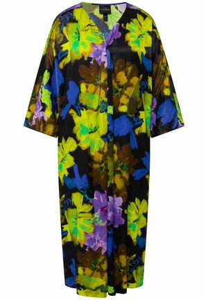 Florale kimono-stijl ochtendjas van zwarte stof, met gedurfde patronen van groene, paarse en blauwe bloemen. Losse pasvorm met mouwlengte tot het midden.
