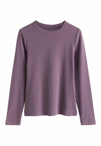 Long-sleeve purple ribbed top with a round neckline. The material appears soft with a textured finish. Simple and fitted design.