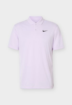 Light purple short-sleeve polo shirt with collar and two buttons, featuring a small black Nike logo on the left chest.