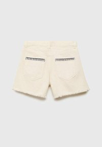 Beiga denimshorts med fransad nederkant, med två bakfickor detaljerade med mörk sömnad och en standard midjdesign.