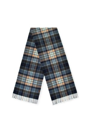 Plaid scarf in dark blue, featuring tan and light blue accents. Soft texture with fringed ends, rectangular shape, and symmetrical pattern.
