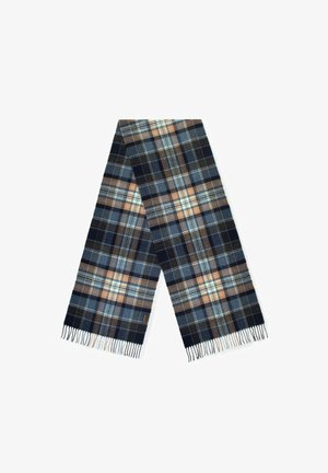 Kariert Schal in Dunkelblau mit hellbraunen und hellblauen Akzenten. Weicher Stoff mit fransigen Enden, rechteckiger Form und symmetrischem Muster.