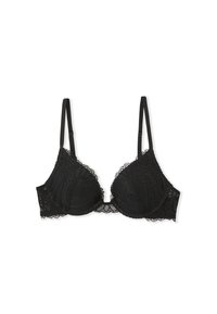 Soutien-gorge en dentelle noire avec armatures, présentant un design à motifs, des bords festonnés et des bretelles ajustables, offrant un soutien structuré.