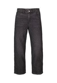 Jeans de mezclilla negra con un ajuste recto, diseño de cinco bolsillos, cierre de cremallera y detalle del logo en la cintura. Tela pesada con una textura suave.