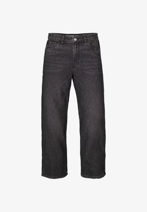 Zwarte denim jeans met een rechte pasvorm, vijf zakken, ritssluiting en logo detail op de tailleband. Zware stof met een zachte textuur.