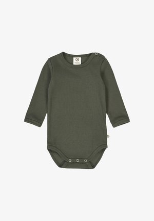 Zielony, prążkowany body z długim rękawem, okrągłym dekoltem, zapięciem na napy na ramieniu i na dole oraz małą metką z logo z boku.