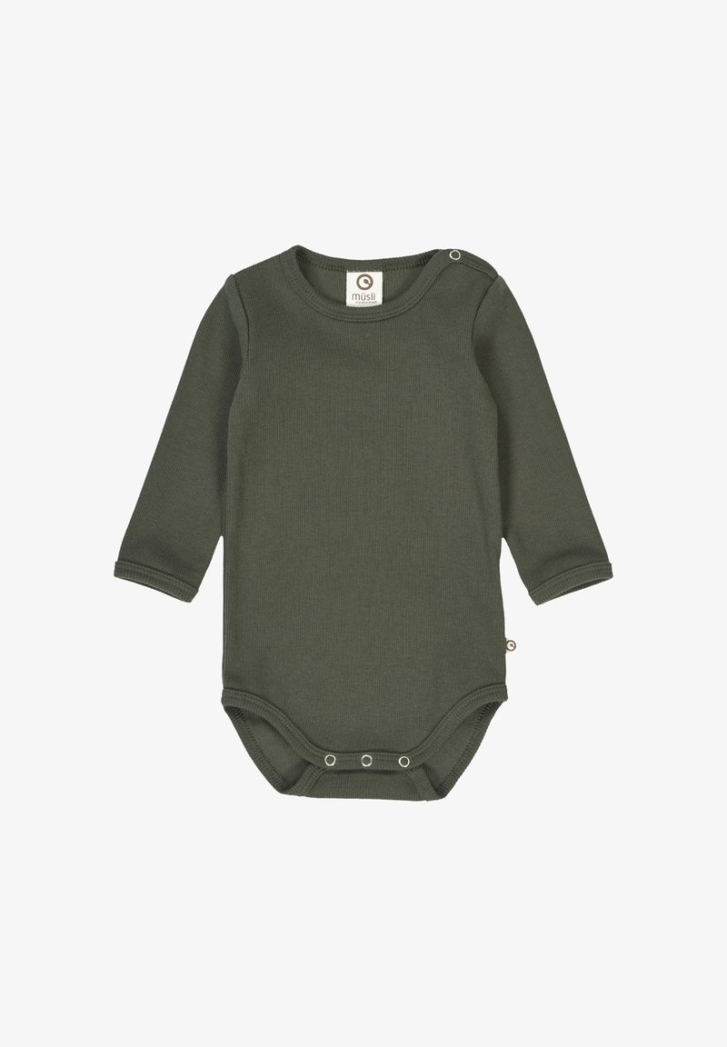Zielony, prążkowany body z długim rękawem, okrągłym dekoltem, zapięciem na napy na ramieniu i na dole oraz małą metką z logo z boku.