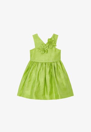 Vestito verde con spalline, tessuto strutturato, gonna svasata e due decorazioni floreali sul corpetto. Design semplice e simmetrico.