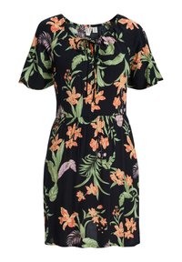 Floral short dress with a black base, featuring orange and green flower patterns. Round neckline with a drawstring and short sleeves.