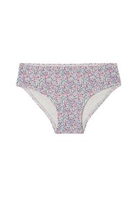 Gemusterte Baumwollslips mit weißem Grund und buntem Blumenmuster in Rosa, Lila und Blau. Weicher Stoff mit einem mittelhohen Design.