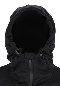 Zwarte hoodie met een hoge kraag en verstelbare trekkoordkap. Gestructureerde stof met een ritssluiting aan de voorkant en geen zichtbare merkvoering.