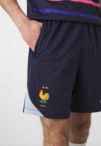 Navy athletic shorts with light blue side panels, featuring an embroidered yellow rooster emblem with two stars above and "FFF" text.