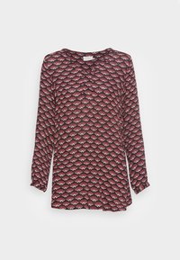 Langsleeve blouse met een rood en crème waaierpatroon, zachte stof, V-hals en knoopmanchetten voor een verstelbare pasvorm.