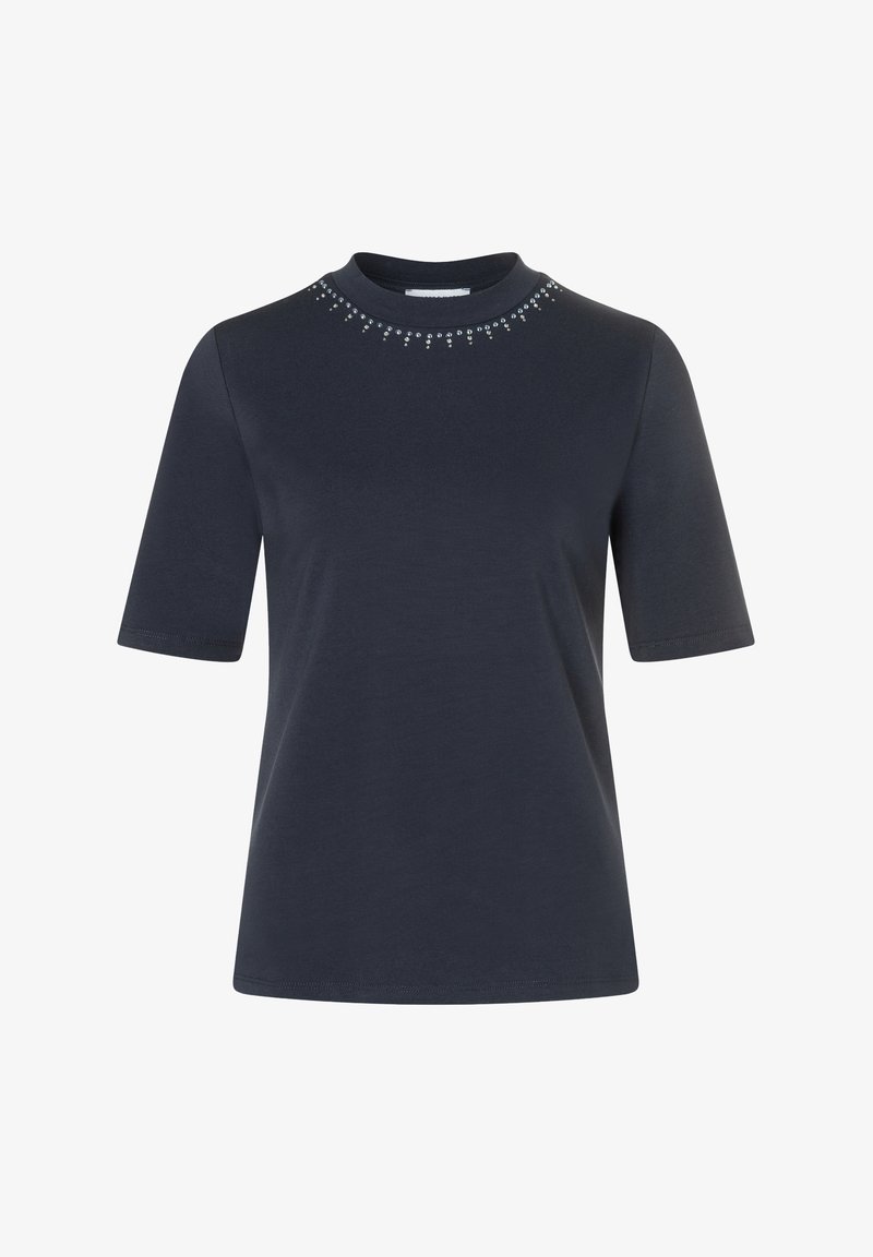 Dark navy short-sleeve top with round neckline, embellished with small silver studs along collar edge.