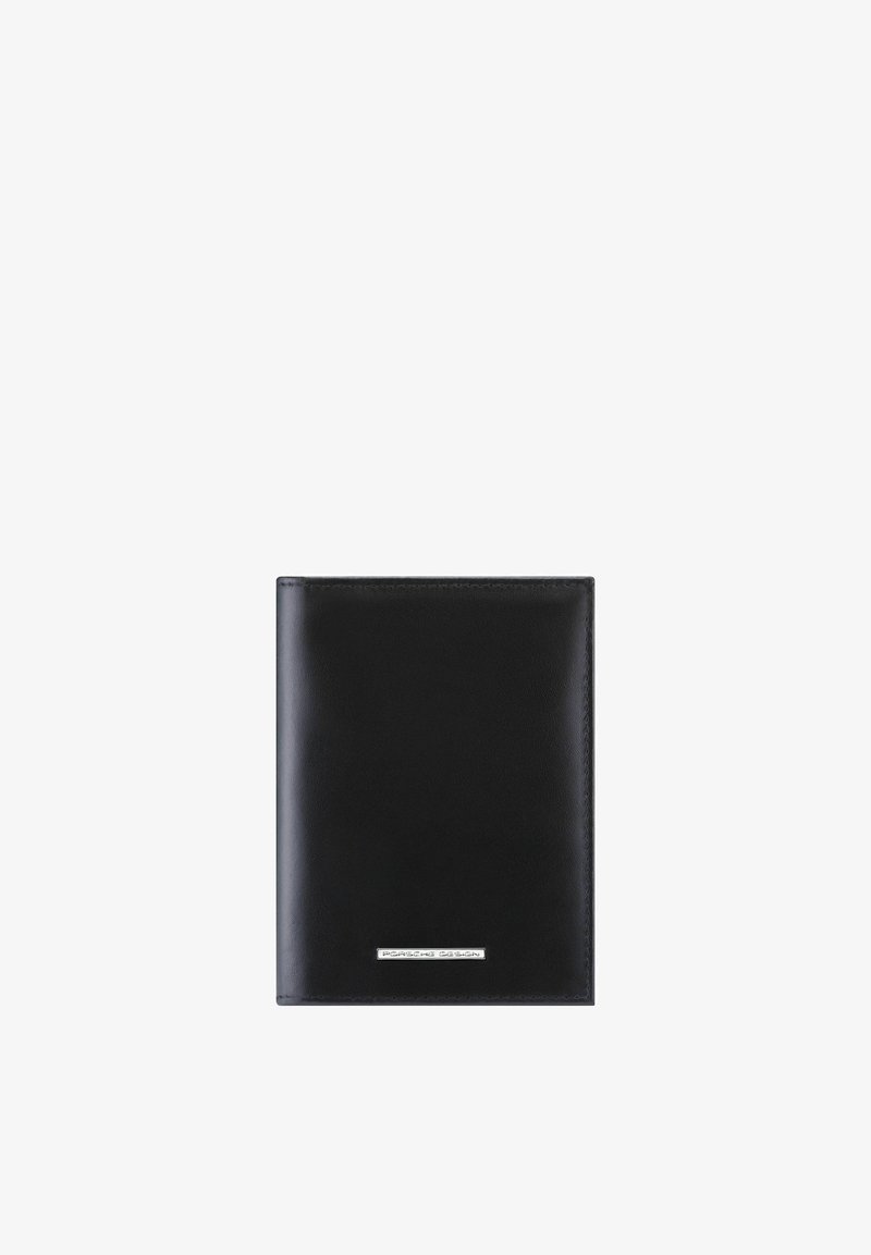 Portefeuille en cuir noir avec une plaque logo Porsche Design argentée centrée en bas sur un fond blanc.