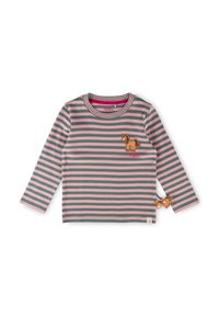 Gestreiftes Langarmshirt in Türkis und Pink, mit einem Löwenstick auf der Brust und einem verspielten Pferdeakzent am Ärmel.