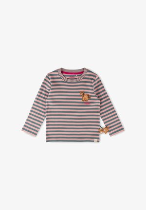 Gestreiftes Langarmshirt in Türkis und Pink, mit einem Löwenstick auf der Brust und einem verspielten Pferdeakzent am Ärmel.