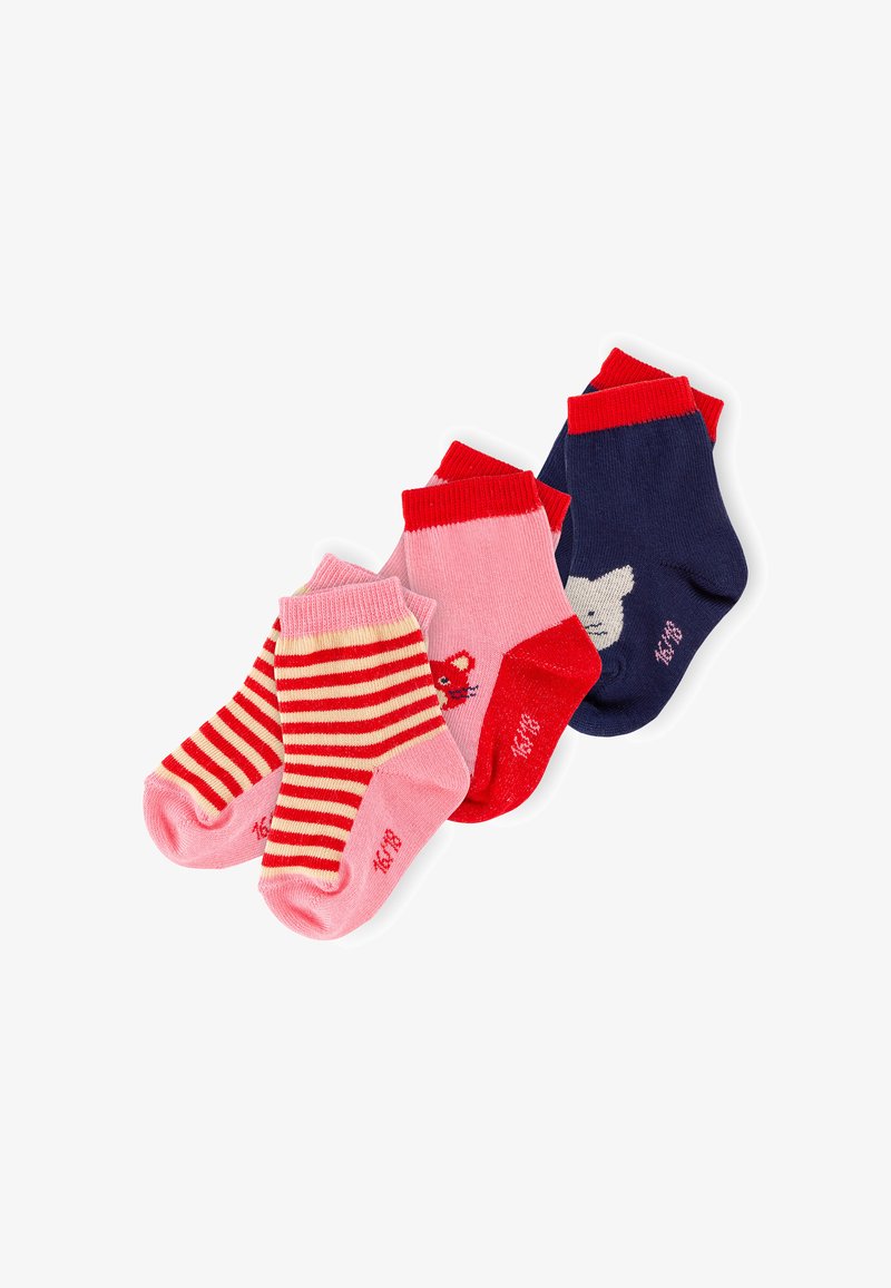 Drei Paare Kindersocken: rot und marinefarben, pink mit Streifen, einem gestickten Fuchs und einer grauen Katze; aus Baumwollmischung.