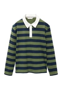 Langärmliges Polohemd mit grünen und marineblauen horizontalen Streifen, ausgestattet mit einem weißen Kragen und einer Drei-Knopf-Leiste. Weiches Baumwollmaterial.