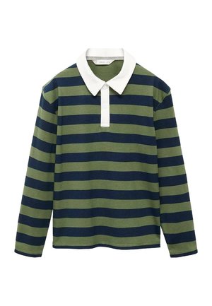 Long-sleeve polo shirt with green and navy horizontal stripes, featuring a white collar and three-button placket. Soft cotton material.