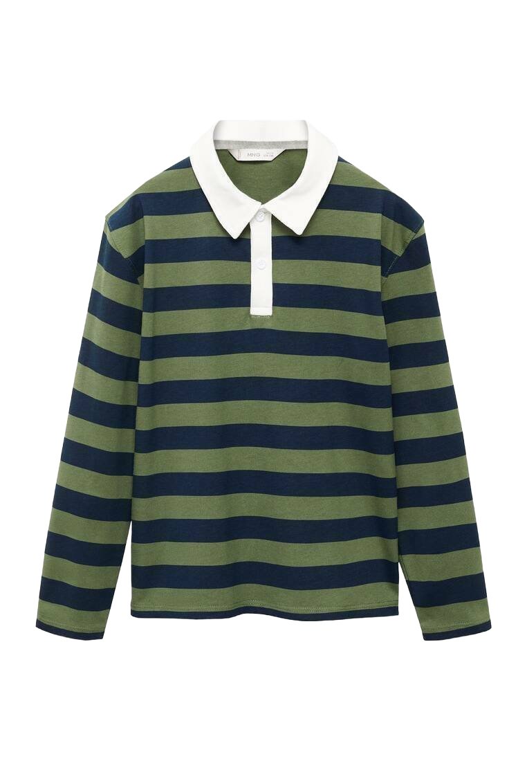 Langärmliges Polohemd mit grünen und marineblauen horizontalen Streifen, ausgestattet mit einem weißen Kragen und einer Drei-Knopf-Leiste. Weiches Baumwollmaterial.