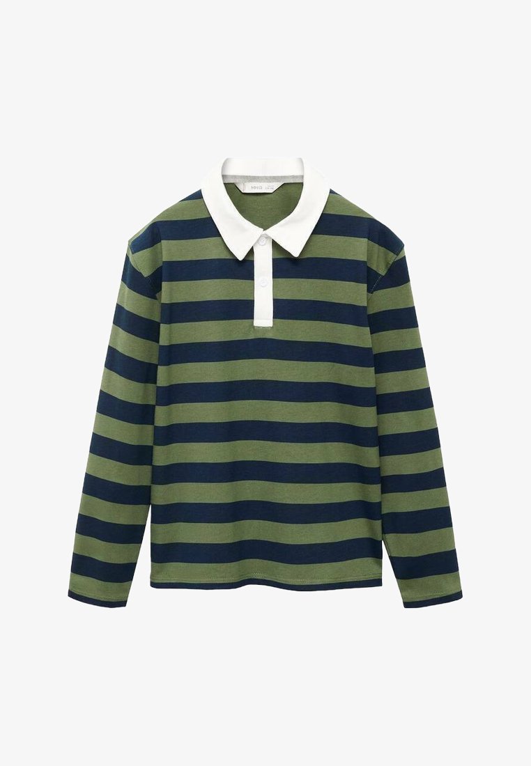 Polo a maniche lunghe con strisce orizzontali verdi e blu navy, dotato di colletto bianco e abbottonatura a tre bottoni. Materiale in cotone morbido.