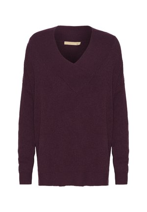Burgundy knitted sweater with a deep V-neck, ribbed texture, and long sleeves. Features a relaxed fit and straight hem.
