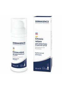 Dermasence Chrono Retare anti-aging cream in a white pump bottle, featuring blue accents. Packaging includes product details in text.