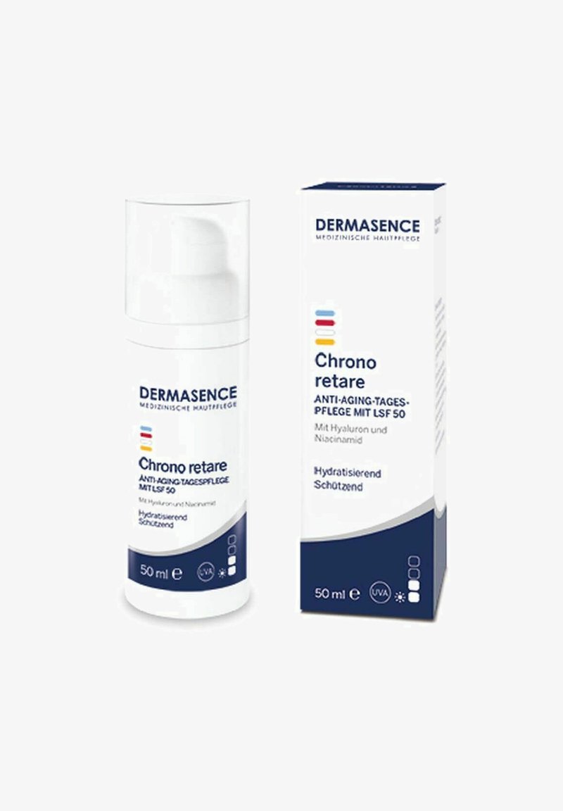 Dermasence Chrono Retare anti-aging cream in a white pump bottle, featuring blue accents. Packaging includes product details in text.